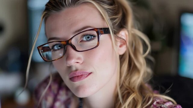 Computer programmer with glasses working in a modern office during the day while focusing on coding tasks and enhancing her skills in information technology