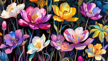 Floral arrangement with vibrant colors featuring large blossoms on a dark background