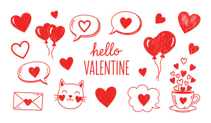 Hand Drawn Red Heart Shapes And Valentine Themed Doodles With Greeting Text Hearts Love 1