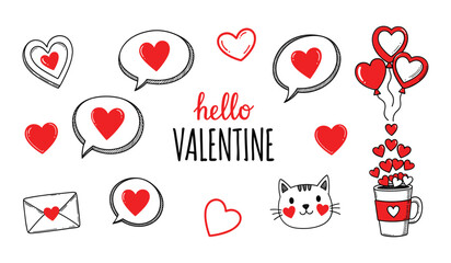 Hand Drawn Red Heart Themed Valentine Greeting With Speech Bubbles Cat Cup And Balloons Hearts Love