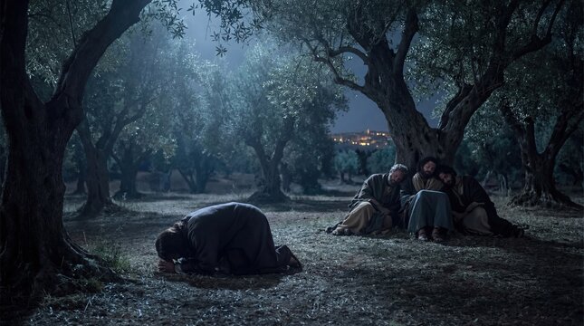 Man praying beneath olive tree with friends sleeping nearby in Gethsemane Garden at night. Bible story about Christ Agony in the Garden at Holy Week.