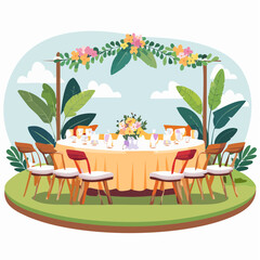 Obraz premium Outdoor wedding reception with decorated table and floral arch.