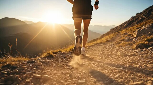 Person running on a mountain trail at sunset with dust particles.