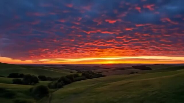 Fiery sunset sky with textured clouds over rolling green hills, vast landscape, ethereal beauty at dusk, serene natural panorama