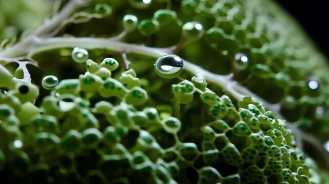 Close up view of lettuce under a microscope showing details of leaf structure and water droplets