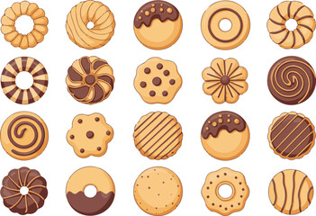 Cartoon Cookies Set  Isolated Chocolate and Nut Biscuits Vector Clipart for Bakery and Kids Desserts