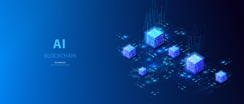 Circuit board with blockchain cube in glowing blue tones. Cybersecurity and digital blocks infrastructure. Ai netowork technology big data concept.