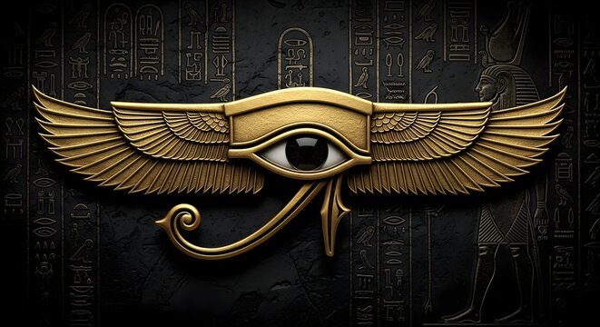 Golden Eye of Horus symbol with detailed metallic wings, set against a dark, textured Egyptian hieroglyph background, ideal for cultural branding or presentation graphics.