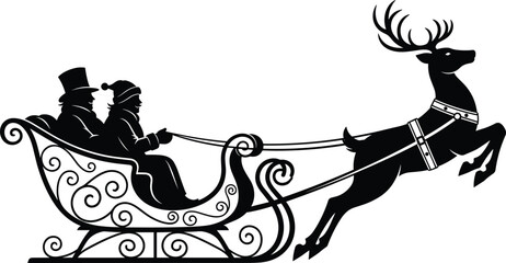 Christmas silhouette of Santa Claus riding in sleigh pulled by reindeer isolated on white background for holiday decoration design. © Ruhul