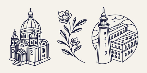 Illustration of a church, a flower, and a tower Vector © MST CHIN BANU BEGUM