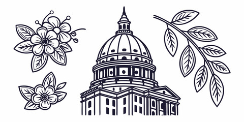 Illustration of a building with a dome and flowers Vector © MST CHIN BANU BEGUM