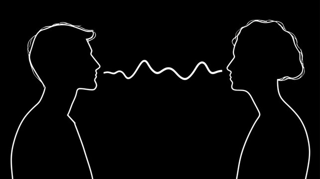 Abstract conceptual illustration of two people communicating through sound waves, depicting conversation, dialogue, and interaction.