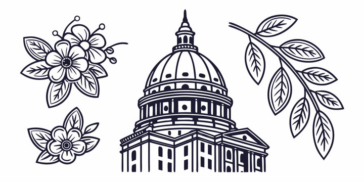 Illustration of a building with a dome and flowers Vector