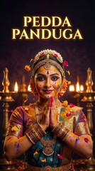 Fototapeta premium Portrait of a Indian dancer adorned with colorful powders and flowers during a festival Pedda Panduga