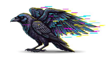 Cyberpunk crow with neon wings isolated on a transparent background