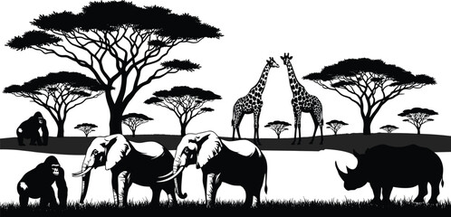 African safari wildlife silhouettes, elephants giraffes rhino and gorillas in savanna landscape vector © Mojammel
