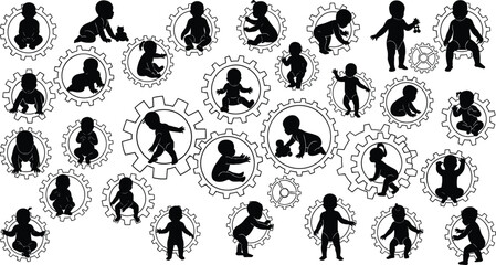 Baby silhouette collection inside gear wheels, concept of growth, development, learning process, life stages, and human progress in black vector style
