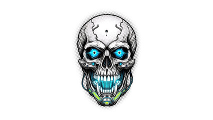 Cyberpunk Skull with Glowing Eyes and Mechanical Details isolated on a transparent background