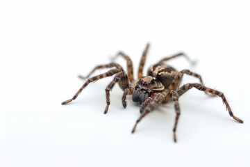 A detailed, high-angle close-up showcases a solitary spider, with its eight legs spread across a stark, minimalist surface.