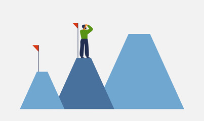 career growth and roadmap. businessman stands on one top of mountain and looking the next. leadership, ambitions, achieve a goal, strategy concept. vector illustration © Mary Long