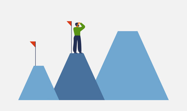 career growth and roadmap. businessman stands on one top of mountain and looking the next. leadership, ambitions, achieve a goal, strategy concept. vector illustration