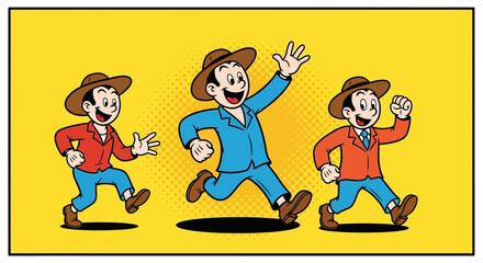 Naklejka premium Cartoon figures running forward on yellow background