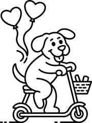 Cute dog riding scooter with heart balloons
