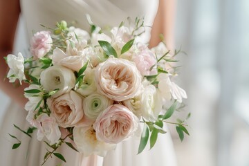 Obraz premium A bride holding an elegant bouquet of flowers. The bouquet contains roses and other various flowers in shades of pink, cream, and white