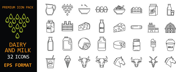Dairy and milk premium icon pack. Farm fresh food and beverage line symbols. Milk bottles, cheese, cows and dairy products. Clean outline EPS vector set. © HazelQueen