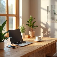 Cozy Modern Workspace with Laptop, Plants, and Natural Light