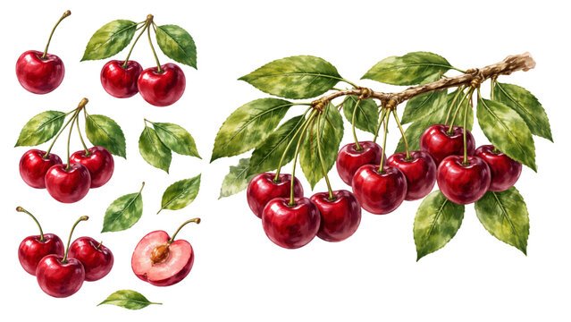 A charming watercolor collection of ripe red cherries, including glossy whole cherries in clustered bunches, fresh green leaves on delicate stems, and a sliced cherry revealing the seed and juicy inte