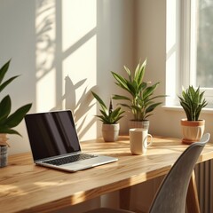 Sunny Modern Home Office Workspace with Laptop and Plants