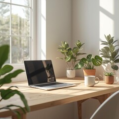 Bright Home Office Workspace with Laptop and Potted Plants