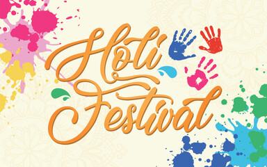 Holi Festival Hand Lettering Typography with Colorful Paint Splash Background