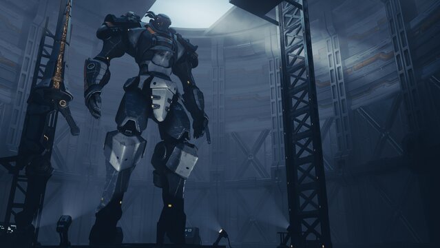Cinematic 3D render of a full-body grey mecha samurai in a high-tech hangar. Giant mech lance on a heavy truss. Curved industrial walls, atmospheric lighting, and undergoing technical maintenance.