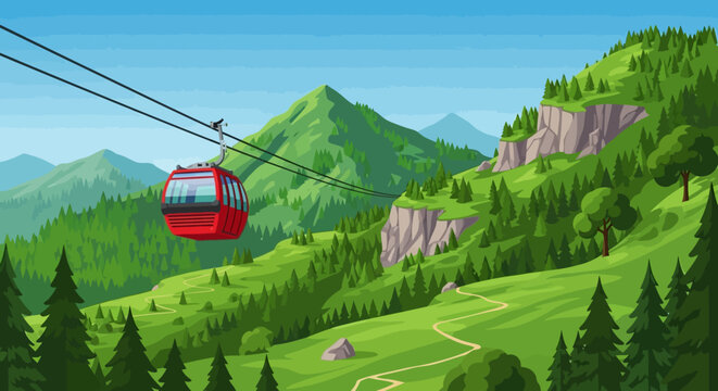 A vibrant red cable car ascends a lush green mountain slope, offering scenic views of rolling hills and a winding path below.