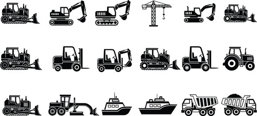 Construction vehicle silhouette collection with excavators, bulldozers, cranes, forklifts, tractors, ships, and dump trucks in black vector set © Md