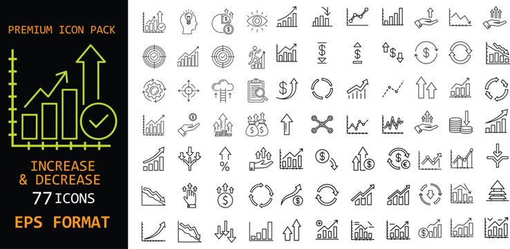 Premium increase and decrease icon set. Line style charts, arrows and finance symbols for analytics, statistics and business reporting. Clean vector icons in EPS format.