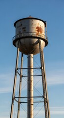 Industrial water tower structure against a clear blue sky. Utility infrastructure for public service and community. Old building.