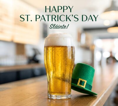 Refreshing pint of golden beer with frothy head and green leprechaun hat on a wooden bar counter celebrating St Patricks Day