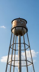 Old rusty metal water tower against a clear blue sky. Industrial structure for water storage and urban infrastructure.