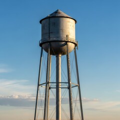 Large old water tower against a clear blue sky. Infrastructure for water storage and supply in a rural community.