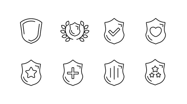 Set of eight minimalist shield icons with symbols