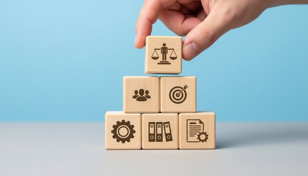 Hand placing a wooden block with a justice scale icon on a pyramid of business and management symbols.