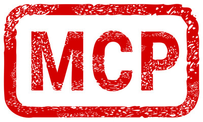 Red grunge MCP stamp representing the Model Context Protocol standard for AI interoperability, data integration, and professional developer tools (cut out)
