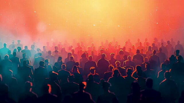 Large Crowd Silhouettes Under Vibrant Gradient Sky with Warm Orange and Teal Light Creating Dramatic Festival Atmosphere
