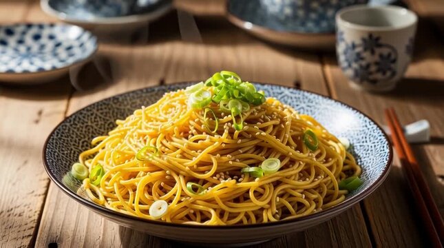 Delicious bowl of authentic Chinese dan dan noodles with sesame seeds and scallions served on a traditional blue patterned plate over rustic wooden table