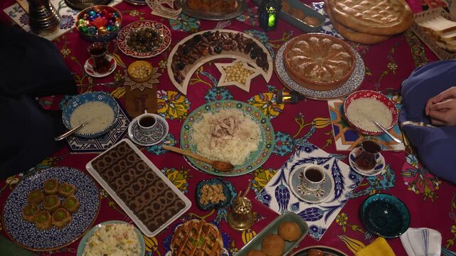 Ramadan Iftar Table, Traditional Foods of Turkish People Ramadan Feast Celebrations, Ramadan Background Video, &Uuml;sk&uuml;dar Istanbul, Turkiye (Turkey)
