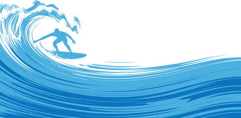 Dynamic blue vector illustration of a male surfer silhouette riding a massive curling ocean barrel wave