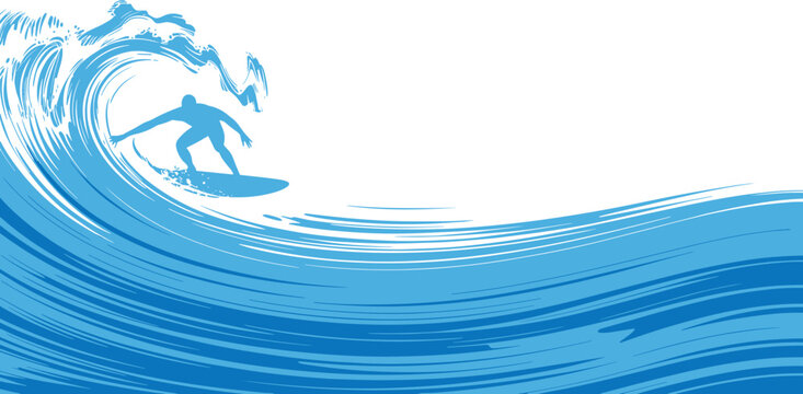 Dynamic blue vector illustration of a male surfer silhouette riding a massive curling ocean barrel wave